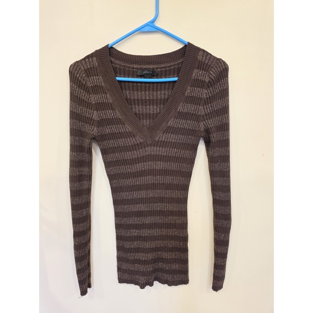 Y2K Express Brown Metallic Ribbed Knit V Neck Sweater Womens Size L 90s Shimmer
